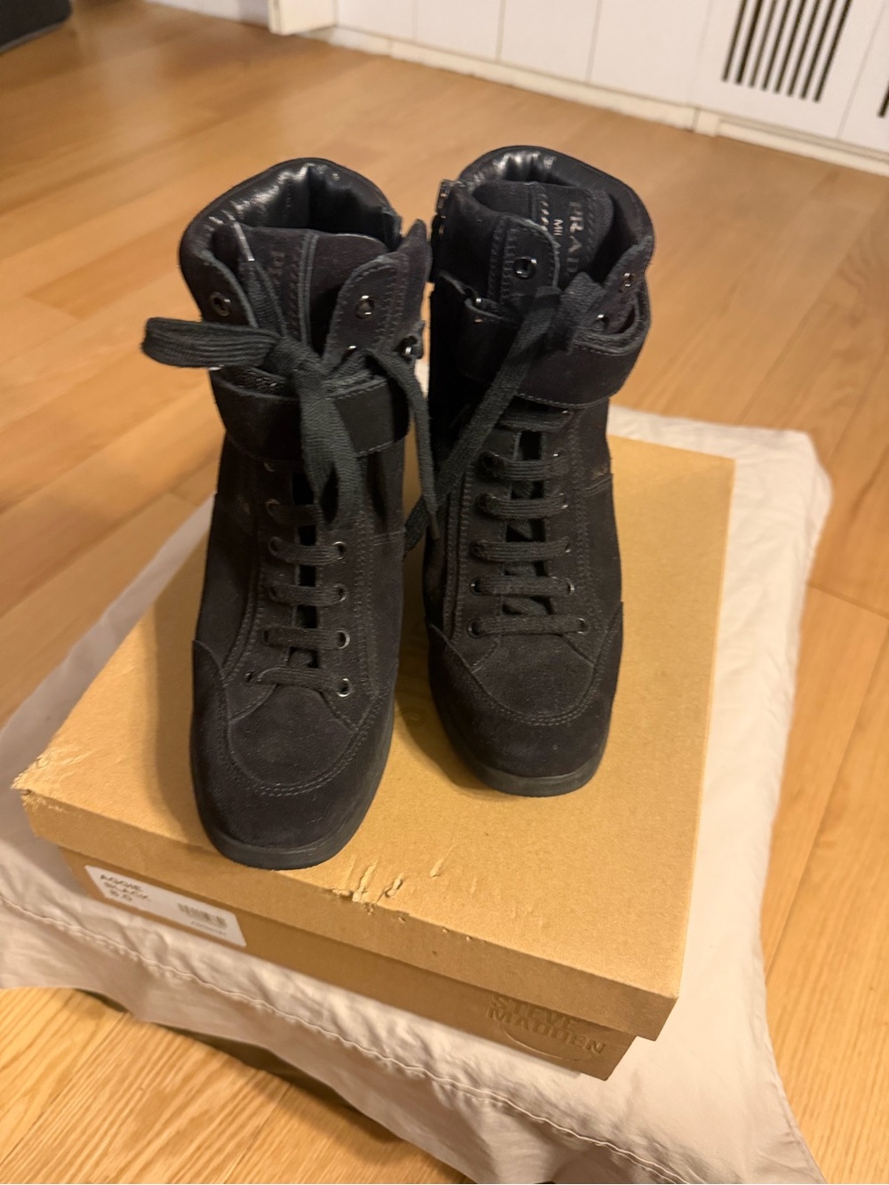 Prada Black Suede Lace-Up Wedge Boots